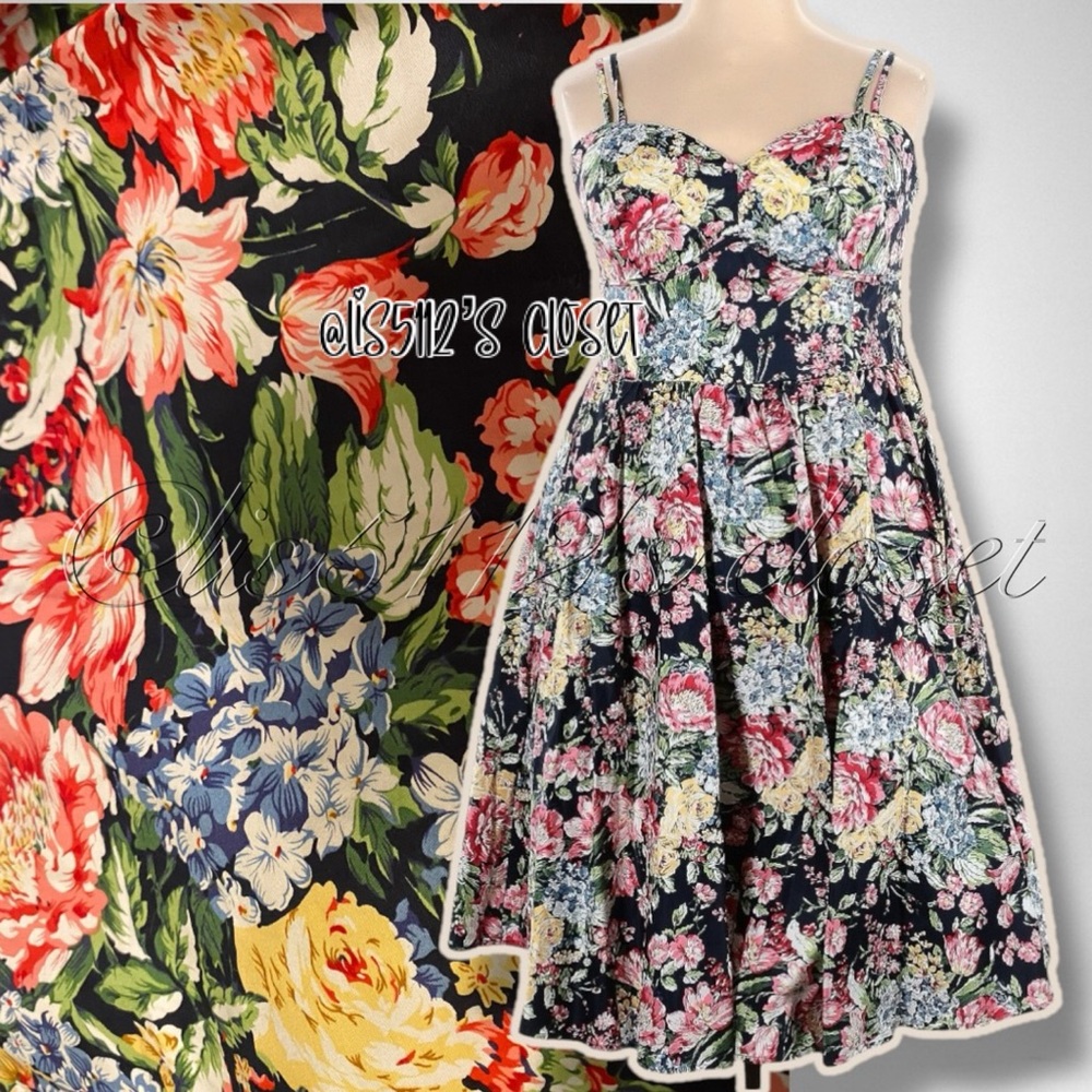 Unique Vintage Navy Garden Party Floral Print Pinup Retro Swing Dress 2X 18 - Picture 13 of 14